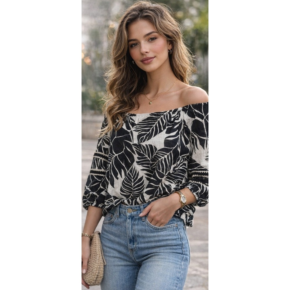 Cynthia Rowley Linen Tropical Leaf‎ Blouse Embroidered Trim Womens S